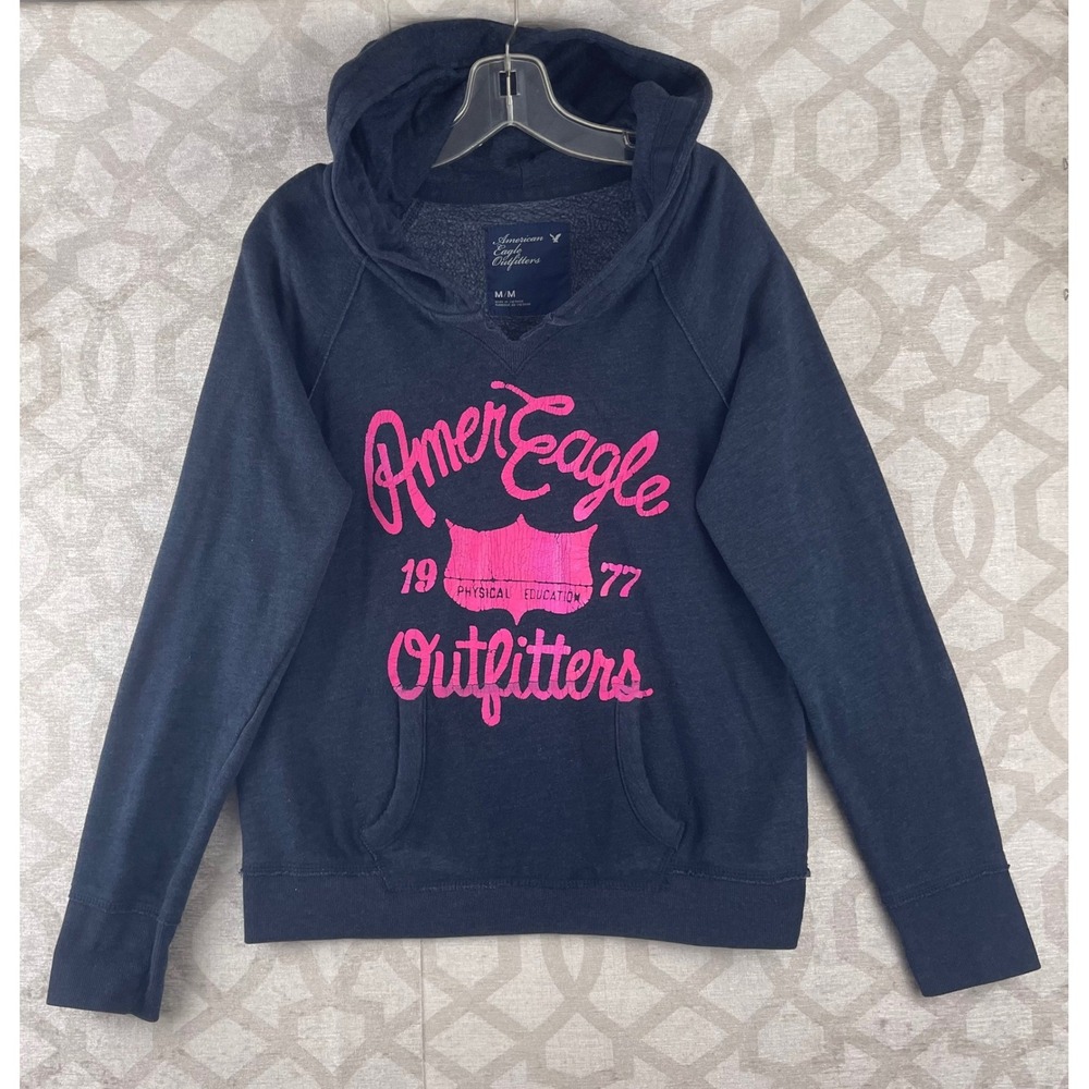 American Eagle Outfitters Dark Gray Pink Graphic Hoodie Womens Medium V-Neck